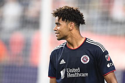 Jul 12, 2023; Foxborough, Massachusetts, USA; New England Revolution midfielder Brandon Bye (15) watches the action during the first half of a match against Atlanta United at Gillette Stadium. Mandatory Credit: Brian Fluharty-USA TODAY Sports