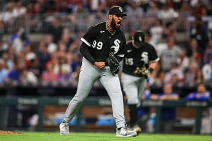 Jul 15, 2023; Atlanta, Georgia, USA; Chicago White Sox relief pitcher Keynan Middleton (99) reacts after an out against the Atlanta Braves in the eighth inning at Truist Park. Mandatory Credit: Brett Davis-USA TODAY Sports