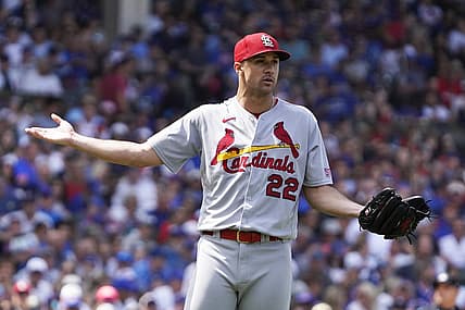 Jul 21, 2023; Chicago, Illinois, USA; St. Louis Cardinals starting pitcher Jack Flaherty (22) questions a pitch clock violation against the Chicago Cubs during the sixth inning at Wrigley Field. Mandatory Credit: David Banks-USA TODAY Sports