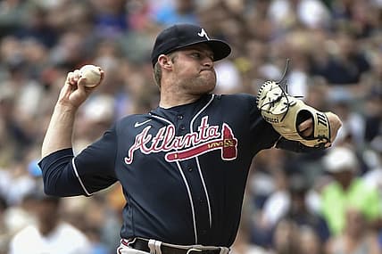 Jul 23, 2023; Milwaukee, Wisconsin, USA; Atlanta Braves pitcher Bryce Elder (55) pitches against the Milwaukee Brewers in the first inning at American Family Field. Mandatory Credit: Benny Sieu-USA TODAY Sports