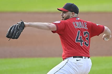 Jul 25, 2023; Cleveland, Ohio, USA; Cleveland Guardians starting pitcher Aaron Civale (43) delivers a pitch in the first inning against the Kansas City Royals at Progressive Field. Mandatory Credit: David Richard-USA TODAY Sports