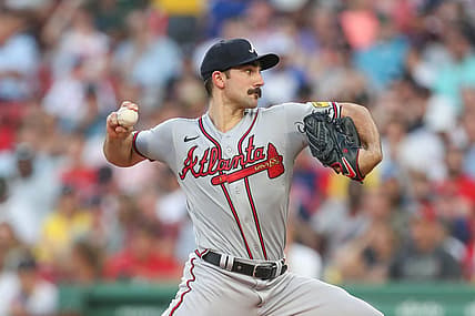 Jul 26, 2023; Boston, Massachusetts, USA; Atlanta Braves starting pitcher Spencer Strider (99) throws a pitch during the second inning against the Boston Red Sox at Fenway Park. Mandatory Credit: Paul Rutherford-USA TODAY Sports