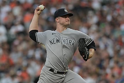 Jul 29, 2023; Baltimore, Maryland, USA;  New York Yankees starting pitcher Clarke Schmidt throws a second-inning pitch against the Baltimore Orioles at Oriole Park at Camden Yards. Mandatory Credit: Tommy Gilligan-USA TODAY Sports