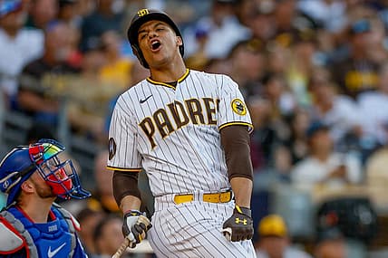 Jul 29, 2023; San Diego, California, USA;  San Diego Padres left fielder Juan Soto (22) reacts after flying out to left field during the fifth inning against the Texas Rangers at Petco Park. Mandatory Credit: David Frerker-USA TODAY Sports