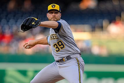 Jul 31, 2023; Washington, District of Columbia, USA; Milwaukee Brewers starting pitcher Corbin Burnes (39) throws a pitch during the second inning against the Washington Nationals at Nationals Park. Mandatory Credit: Reggie Hildred-USA TODAY Sports