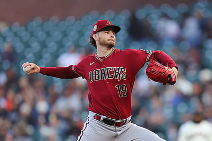 Jul 31, 2023; San Francisco, California, USA; Arizona Diamondbacks starting pitcher Ryne Nelson (19) throws a pitch during the first inning against the San Francisco Giants at Oracle Park. Mandatory Credit: Sergio Estrada-USA TODAY Sports
