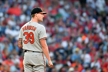 Jul 26, 2023; Philadelphia, Pennsylvania, USA; Baltimore Orioles starting pitcher Kyle Bradish (39) against the Philadelphia Phillies at Citizens Bank Park. Mandatory Credit: Eric Hartline-USA TODAY Sports