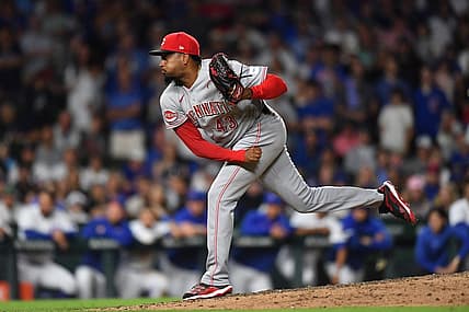 Jul 31, 2023; Chicago, Illinois, USA; Cincinnati Reds relief pitcher Alexis Diaz (43) pitches during the ninth inning against the Chicago Cubs at Wrigley Field. Mandatory Credit: Patrick Gorski-USA TODAY Sports