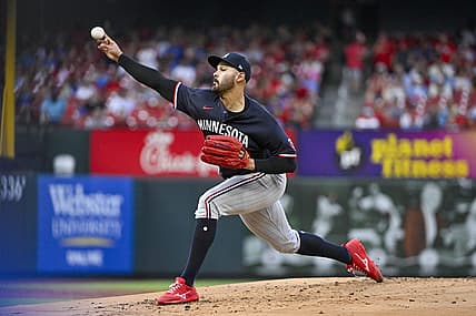 Aug 1, 2023; St. Louis, Missouri, USA;  Minnesota Twins starting pitcher Pablo Lopez (49) pitches against the St. Louis Cardinals during the second inning at Busch Stadium. Mandatory Credit: Jeff Curry-USA TODAY Sports
