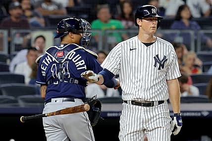 Aug 1, 2023; Bronx, New York, USA; New York Yankees third baseman DJ LeMahieu (26) reacts after striking out to end the seventh inning against the Tampa Bay Rays at Yankee Stadium. Mandatory Credit: Brad Penner-USA TODAY Sports