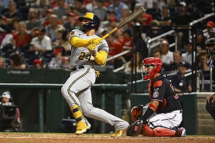 Aug 1, 2023; Washington, District of Columbia, USA; Milwaukee Brewers catcher William Contreras (24) hits a RBI double against the Washington Nationals during the seventh inning at Nationals Park. Mandatory Credit: Brad Mills-USA TODAY Sports