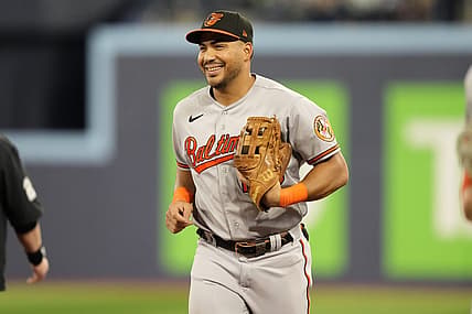 Aug 1, 2023; Toronto, Ontario, CAN; Baltimore Orioles right fielder Anthony Santander (25) reacts as he comes off the field after making a fly ball catch on Toronto Blue Jays shortstop Santiago Espinal (not pictured) during the seventh inning at Rogers Centre. Mandatory Credit: John E. Sokolowski-USA TODAY Sports