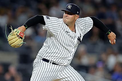 Aug 1, 2023; Bronx, New York, USA; New York Yankees relief pitcher Nick Ramirez (63) pitches against the Tampa Bay Rays during the ninth inning at Yankee Stadium. Mandatory Credit: Brad Penner-USA TODAY Sports