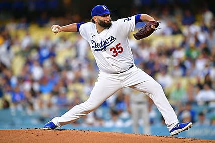 August 1, 2023; Los Angeles, California, USA; Los Angeles Dodgers starting pitcher Lance Lynn (35) throws against the Oakland Athletics during the first inning at Dodger Stadium. Mandatory Credit: Gary A. Vasquez-USA TODAY Sports