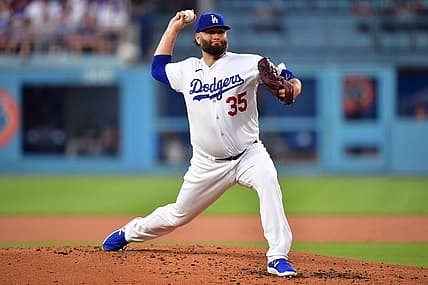 August 1, 2023; Los Angeles, California, USA; Los Angeles Dodgers starting pitcher Lance Lynn (35) throws against the Oakland Athletics during the second inning at Dodger Stadium. Mandatory Credit: Gary A. Vasquez-USA TODAY Sports
