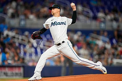 Aug 2, 2023; Miami, Florida, USA; Miami Marlins starting pitcher Braxton Garrett (29) throws a pitch against the Philadelphia Phillies during the first inning at loanDepot Park. Mandatory Credit: Rich Storry-USA TODAY Sports