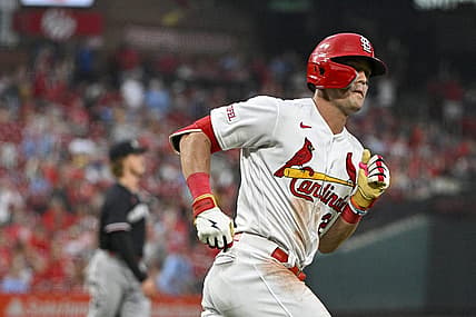 Aug 2, 2023; St. Louis, Missouri, USA;  St. Louis Cardinals center fielder Lars Nootbaar (21) runs down the line after hitting a two run home run off of Minnesota Twins starting pitcher Joe Ryan (41) during the second inning at Busch Stadium. Mandatory Credit: Jeff Curry-USA TODAY Sports