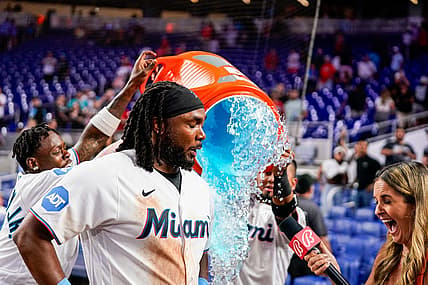 Aug 2, 2023; Miami, Florida, USA; Miami Marlins first baseman Josh Bell (9) is given gatorade bath after defeating the Philadelphia Phillies at loanDepot Park. Mandatory Credit: Rich Storry-USA TODAY Sports