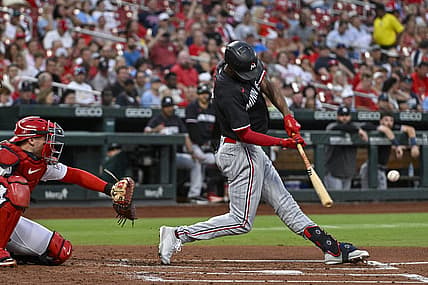 Aug 3, 2023; St. Louis, Missouri, USA;  Minnesota Twins center fielder Michael A. Taylor (2) hits a two run home run against the St. Louis Cardinals during the second inning at Busch Stadium. Mandatory Credit: Jeff Curry-USA TODAY Sports