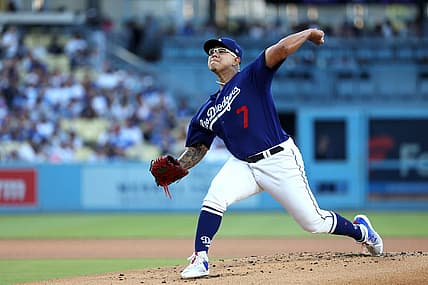 Aug 3, 2023; Los Angeles, California, USA;  Los Angeles Dodgers starting pitcher Julio Urias (7) pitches during the first inning against the Oakland Athletics at Dodger Stadium. Mandatory Credit: Kiyoshi Mio-USA TODAY Sports