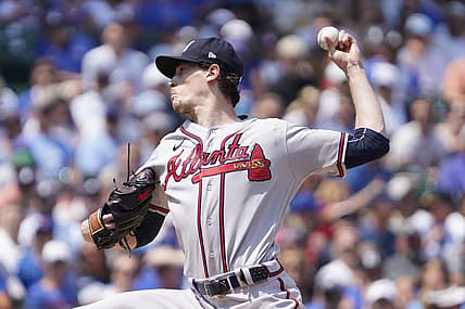 Aug 4, 2023; Chicago, Illinois, USA; Atlanta Braves starting pitcher Max Fried (54) throws the ball against the Chicago Cubs during the first inning at Wrigley Field. Mandatory Credit: David Banks-USA TODAY Sports