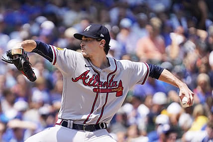 Aug 4, 2023; Chicago, Illinois, USA; Atlanta Braves starting pitcher Max Fried (54) throws the ball against the Chicago Cubs during the first inning at Wrigley Field. Mandatory Credit: David Banks-USA TODAY Sports