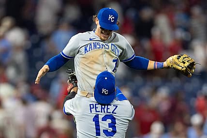 Aug 4, 2023; Philadelphia, Pennsylvania, USA; Kansas City Royals catcher Salvador Perez (13) lifts shortstop Bobby Witt Jr. (7) as they celebrate a victory against the Philadelphia Phillies at Citizens Bank Park. Mandatory Credit: Bill Streicher-USA TODAY Sports
