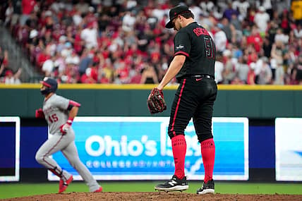 Aug 4, 2023; Cincinnati, Ohio, USA; Cincinnati Reds starting pitcher Graham Ashcraft (51) reacts after giving up a two run home run against Washington Nationals designated hitter Joey Meneses (45) during the eighth inning at Great American Ball Park. Mandatory Credit: Kareem Elgazzar-The Cincinnati Enquirer-USA TODAY Sports