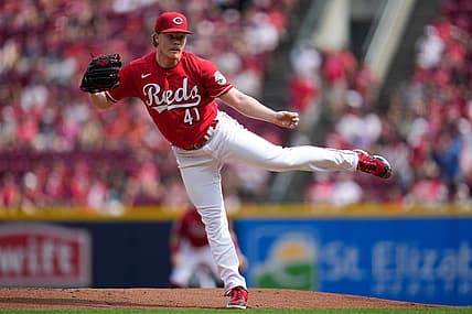 Cincinnati Reds starting pitcher Andrew Abbott (41) follows through on a pitch in the first inning of the MLB National League game between the Cincinnati Reds and the Washington Nationals at Great American Ball Park in downtown Cincinnati on Saturday, Aug. 5, 2023. The Nationals led 5-0 after four innings.