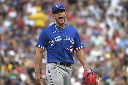 Aug 5, 2023; Boston, Massachusetts, USA;  Toronto Blue Jays starting pitcher Jose Berrios (17) reacts after being relieved during the sixth inning against the Boston Red Sox at Fenway Park. Mandatory Credit: Bob DeChiara-USA TODAY Sports