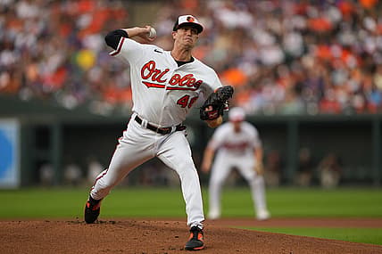Aug 5, 2023; Baltimore, Maryland, USA; Baltimore Orioles pitcher Kyle Gibson (48) delivers a pitch during the first inning against the New York Mets at Oriole Park at Camden Yards. Mandatory Credit: Gregory Fisher-USA TODAY Sports
