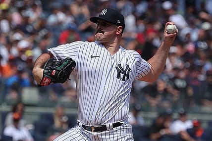 Aug 6, 2023; Bronx, New York, USA; New York Yankees starting pitcher Carlos Rodon (55) delivers a pitch during the first inning against the Houston Astros at Yankee Stadium. Mandatory Credit: Vincent Carchietta-USA TODAY Sports