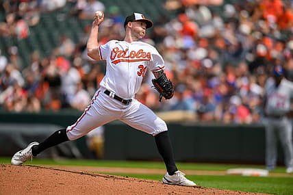 Aug 6, 2023; Baltimore, Maryland, USA; Baltimore Orioles starting pitcher Kyle Bradish (39) throws a pitch during the third inning against the New York Mets at Oriole Park at Camden Yards. Mandatory Credit: Reggie Hildred-USA TODAY Sports