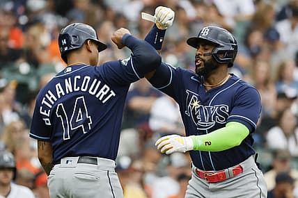 Aug 6, 2023; Detroit, Michigan, USA; Tampa Bay Rays first baseman Yandy Diaz (2) receives congratulations from catcher Christian Bethancourt (14) after he hits a two run home run in the second inning against the Detroit Tigers at Comerica Park. Mandatory Credit: Rick Osentoski-USA TODAY Sports