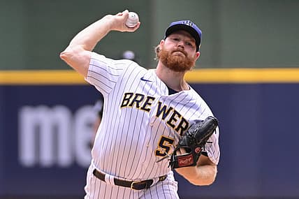 Aug 6, 2023; Milwaukee, Wisconsin, USA; Milwaukee Brewers pitcher Brandon Woodruff (53) pitches against the Pittsburgh Pirates in the first inning at American Family Field. Mandatory Credit: Benny Sieu-USA TODAY Sports