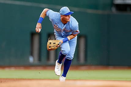 Aug 6, 2023; Arlington, Texas, USA; Texas Rangers third baseman Josh Jung (6) fields a ground ball during the first inning against the Miami Marlins at Globe Life Field. Mandatory Credit: Andrew Dieb-USA TODAY Sports