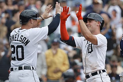 Aug 6, 2023; Detroit, Michigan, USA; Detroit Tigers designated hitter Kerry Carpenter (30) receives congratulations from first baseman Spencer Torkelson (20) after he hits a two run home run in the seventh inning against the Tampa Bay Rays at Comerica Park. Mandatory Credit: Rick Osentoski-USA TODAY Sports
