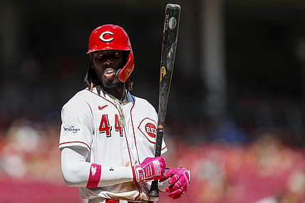 Aug 6, 2023; Cincinnati, Ohio, USA; Cincinnati Reds shortstop Elly De La Cruz (44) at bat during the seventh inning against the Washington Nationals at Great American Ball Park. Mandatory Credit: Katie Stratman-USA TODAY Sports