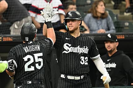 Aug 7, 2023; Chicago, Illinois, USA; Chicago White Sox infielder Gavin Sheets (32) congratulates outfielder Andrew Vaughn (25) after his two-run home run in the second inning against the New York Yankees at Guaranteed Rate Field. Mandatory Credit: Jamie Sabau-USA TODAY Sports