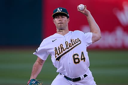 Aug 7, 2023; Oakland, California, USA; Oakland Athletics starting pitcher Ken Waldichuk (64) throws a pitch against the Texas Rangers during the first inning at Oakland-Alameda County Coliseum. Mandatory Credit: Robert Edwards-USA TODAY Sports