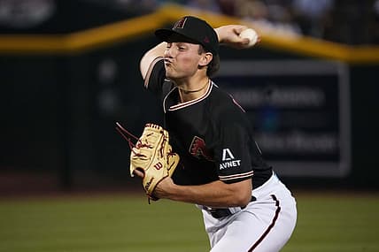 Aug 8, 2023; Phoenix, Arizona, USA; Arizona Diamondbacks starting pitcher Brandon Pfaadt (32) pitches against the Los Angeles Dodgers during the first inning at Chase Field. Mandatory Credit: Joe Camporeale-USA TODAY Sports