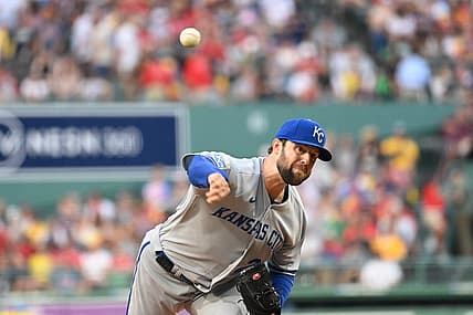 Aug 9, 2023; Boston, Massachusetts, USA;Kansas City Royals starting pitcher Jordan Lyles (24) pitches against the Boston Red Sox during the first inning at Fenway Park. Mandatory Credit: Eric Canha-USA TODAY Sports