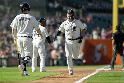 Aug 9, 2023; Detroit, Michigan, USA;  Detroit Tigers first baseman Spencer Torkelson (20) reaches home after hitting his second home run of the game against the Minnesota Twins in the seventh inning at Comerica Park. Mandatory Credit: Lon Horwedel-USA TODAY Sports
