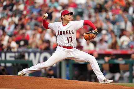 Aug 9, 2023; Anaheim, California, USA; Los Angeles Angels starting pitcher Shohei Ohtani (17) throws in the first inning against the San Francisco Giants at Angel Stadium. Mandatory Credit: Kirby Lee-USA TODAY Sports