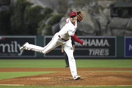 Aug 9, 2023; Anaheim, California, USA; Los Angeles Angels starting pitcher Shohei Ohtani (17) throws in the sixth inning against the San Francisco Giants at Angel Stadium. Mandatory Credit: Kirby Lee-USA TODAY Sports
