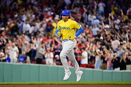 Aug 11, 2023; Boston, Massachusetts, USA; Boston Red Sox first baseman Triston Casas (36) runs the bases after hitting a two run home run during the fourth inning against the Detroit Tigers at Fenway Park. Mandatory Credit: Eric Canha-USA TODAY Sports