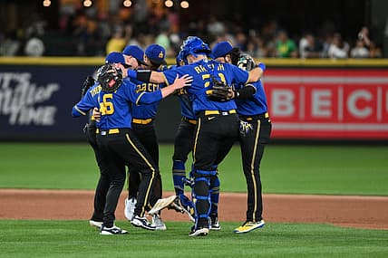 Aug 11, 2023; Seattle, Washington, USA; Seattle Mariners players celebrate defeating the Baltimore Orioles at T-Mobile Park. Mandatory Credit: Steven Bisig-USA TODAY Sports