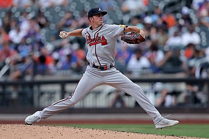 Aug 12, 2023; New York City, New York, USA; Atlanta Braves relief pitcher Allan Winans (72) pitches against the New York Mets during the seventh inning at Citi Field. Mandatory Credit: Brad Penner-USA TODAY Sports