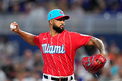 Aug 12, 2023; Miami, Florida, USA; Miami Marlins starting pitcher Sandy Alcantara (22) throws a pitch against the New York Yankees during the first inning at loanDepot Park. Mandatory Credit: Rich Storry-USA TODAY Sports