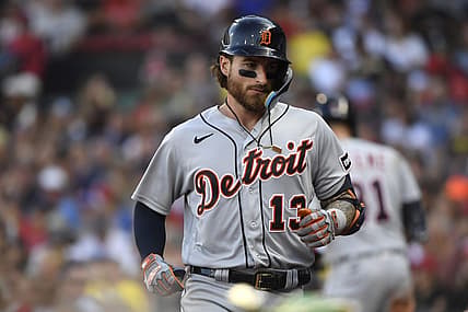Aug 12, 2023; Boston, Massachusetts, USA;  Detroit Tigers catcher Eric Haase (13) heads to the dugout after hitting a home run against the Boston Red Sox during the fifth inning at Fenway Park. Mandatory Credit: Bob DeChiara-USA TODAY Sports